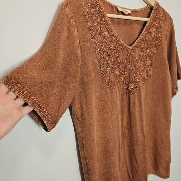 Solitaire By Ravi Khosla Burt Orange V-Neck Embroidered Boho Top Size Small - Picture 2 of 9